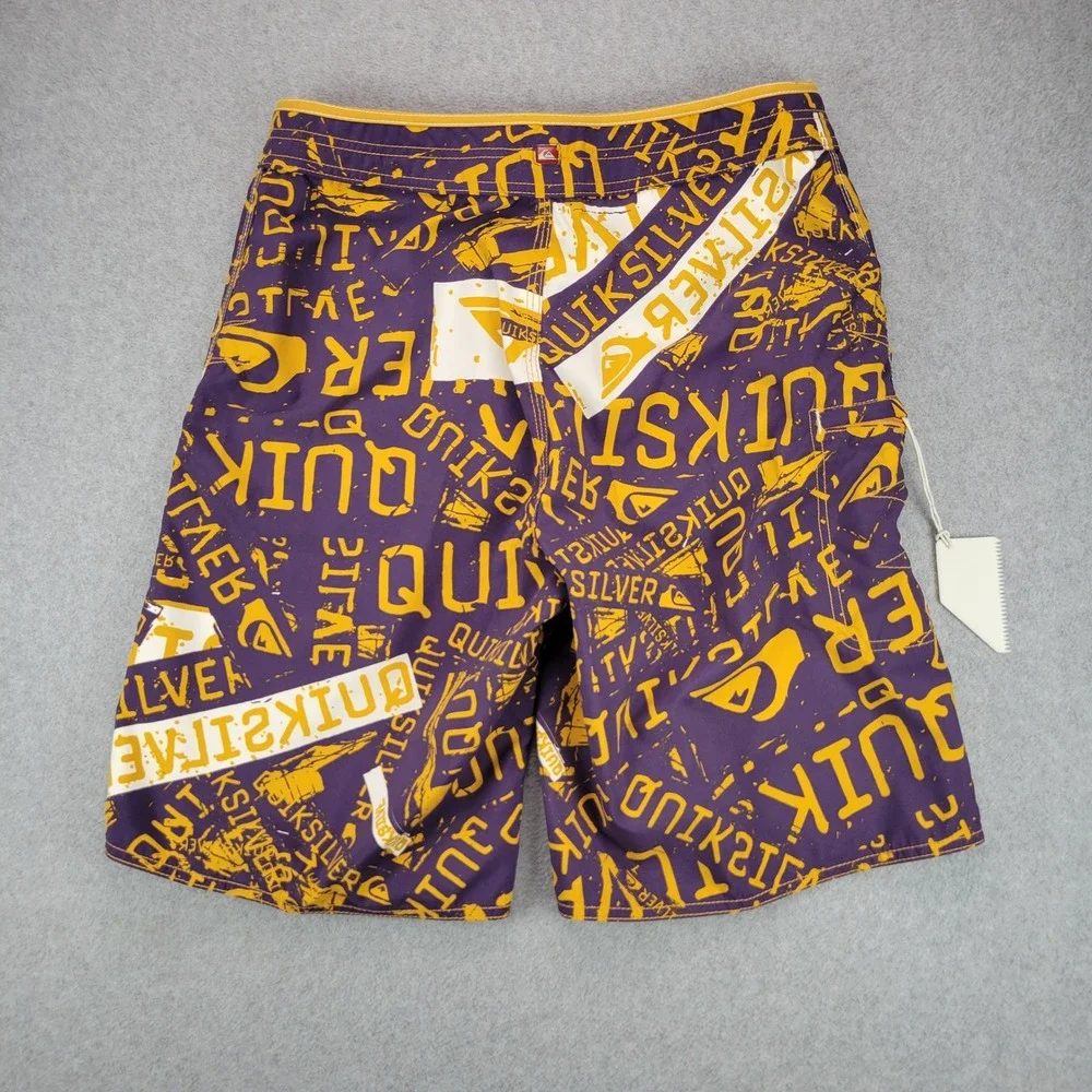 Quiksilver Board Shorts Men 32 Purple Yellow Y2K Logo Print Surf Trunks Q101012
